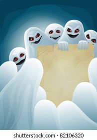 Halloween background with group of ghosts and paper