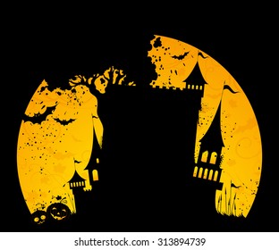 Halloween background. Grunge Halloween background with moon, night castle, Jack-O-Lanterns, bats. There is place for your text on black part of illustration.