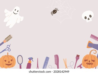 Halloween background with hairdressing tools, pumpkin, spider, skull, ghost and copy space in the center. Image with hair salon accessories for a festive poster, flyer, social media.