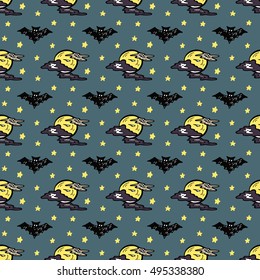 Halloween background. Hand Drawn Doodle Starry night sky and bats