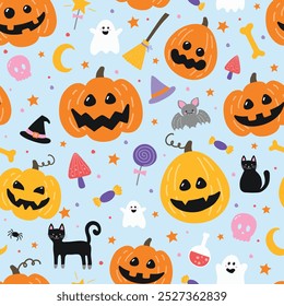 Halloween background with hand drawn elements. Seamless texture concept. Vector illustration