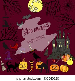 Halloween. Background with hand drawn elements. Halloween decorations with  pumpkin, cat, ghost, castle, moon and trees. Vector Illustration