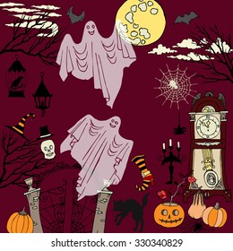 Halloween. Background with hand drawn elements. Halloween decorations with  pumpkin, cat, ghost, clock, moon and trees. Vector Illustration
