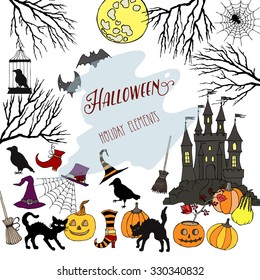 Halloween. Background with hand drawn elements. Halloween decorations with  pumpkin, cat, ghost, castle, moon and trees. Vector Illustration