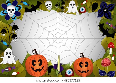 Halloween. Background with hand drawn elements: web, leaves, pumpkin, skull, bat, spider, ghost, mushroom and others. EPS 10.