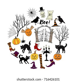 Halloween. Background with  hand drawn elements. Halloween decorations with  pumpkin, cat and trees. Vector Illustration