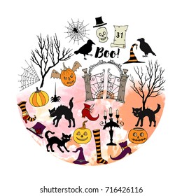 Halloween. Background with  hand drawn elements. Halloween decorations with  pumpkin, cat and trees. Vector Illustration