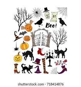 Halloween. Background with  hand drawn elements. Halloween decorations with  pumpkin, cat and trees. Vector Illustration