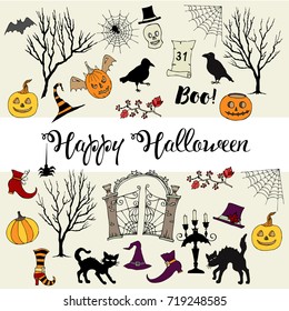 Halloween. Background with  hand drawn elements. Halloween decorations with  pumpkin, cat and trees. Vector Illustration