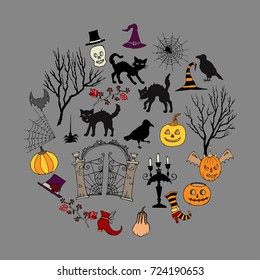 Halloween. Background with  hand drawn elements. Halloween decorations with  pumpkin, cat and trees. Vector Illustration