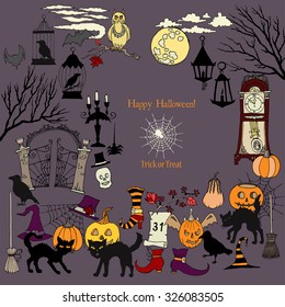 Halloween. Background with  hand drawn elements.Halloween decorations with  pumpkin, cat, ghost, hours, castle, moon and trees. Vector Illustration
