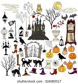 Halloween. Background with  hand drawn elements.Halloween decorations with  pumpkin, cat, ghost, hours, castle, moon and trees. Vector Illustration