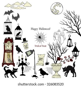 Halloween. Background with  hand drawn elements.Halloween decorations with  pumpkin, cat, ghost, hours, castle, moon and trees. Vector Illustration
