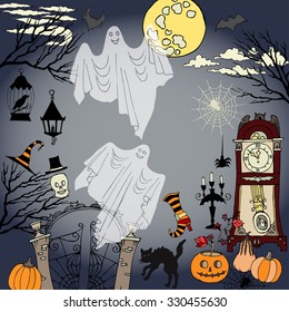 Halloween. Background with  hand drawn elements.Halloween decorations with  pumpkin, cat, ghost, hours, castle, moon and trees. Vector Illustration