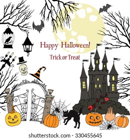 Halloween. Background with  hand drawn elements.Halloween decorations with  pumpkin, cat, ghost, hours, castle, moon and trees. Vector Illustration