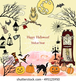 Halloween. Background with  hand drawn elements.Halloween decorations with  pumpkin, cat, ghost, hours, castle, moon and trees. Vector Illustration