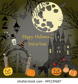 Halloween. Background with  hand drawn elements.Halloween decorations with  pumpkin, cat, ghost, hours, castle, moon and trees. Vector Illustration