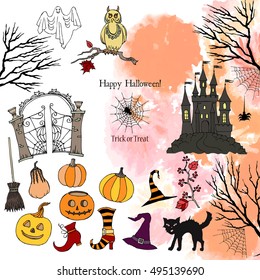 Halloween. Background with  hand drawn elements.Halloween decorations with  pumpkin, cat, ghost, hours, castle, moon and trees. Vector Illustration