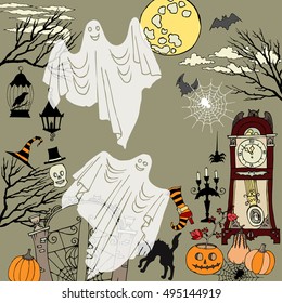 Halloween. Background with  hand drawn elements.Halloween decorations with  pumpkin, cat, ghost, hours, castle, moon and trees. Vector Illustration