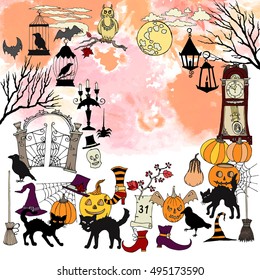 Halloween. Background with  hand drawn elements.Halloween decorations with  pumpkin, cat, ghost, hours, castle, moon and trees. Vector Illustration