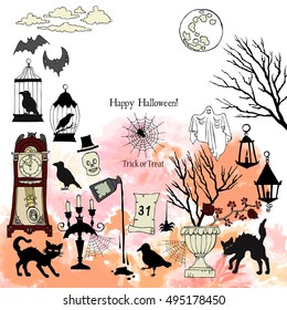 Halloween. Background with  hand drawn elements.Halloween decorations with  pumpkin, cat, ghost, hours, castle, moon and trees. Vector Illustration