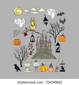 Halloween. Background with  hand drawn elements.Halloween decorations with  pumpkin,  ghost,  castle, moon and trees. Vector Illustration