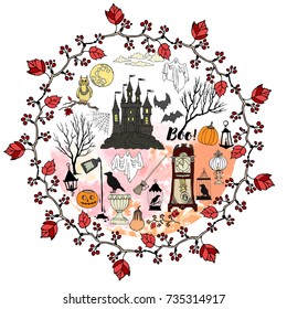 Halloween. Background with  hand drawn elements.Halloween decorations with  pumpkin,  ghost,  castle, moon and trees. Vector Illustration