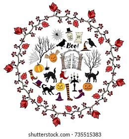 Halloween. Background with  hand drawn elements.Halloween decorations with  pumpkin,  ghost,  castle, moon and trees. Vector Illustration