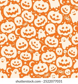 Halloween background with hand drawn pumpkin lanterns. Seamless texture concept. Vector illustration