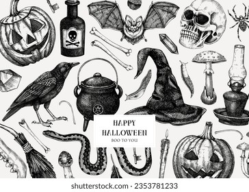 Fondo de Halloween. Ilustración vectorial dibujada a mano. Calaveras, huesos, calabaza, setas venenosas, serpientes, cuervos, sombreros de brujas. Diseño de vacaciones de otoño. Tarjeta de invitación de la fiesta de Halloween de época