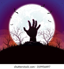 Halloween background with hand and Moon, illustration.