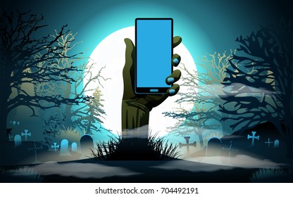 Halloween background. Hand with phone. Vector illustration