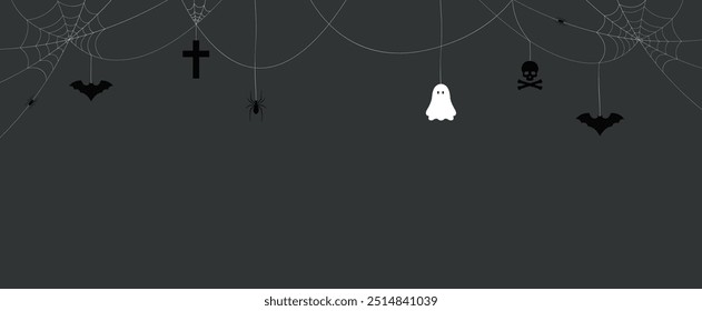 Halloween background with hanging bat, ghost, cross and skull. Vector template for Halloween banner, invitation, decoration