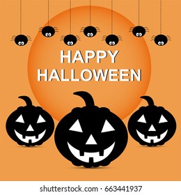 Halloween background and Hanging black spiders on dash line vector illustrations.