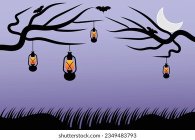 Halloween background with hanging lanterns and bats. Vector illustration Suitable for greeting card, poster and banner
