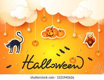 Halloween background with hanging stickers on orange. Vector illustration eps10