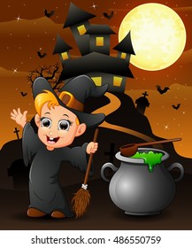 Halloween background with happy boy witch holding broomstick and cauldron.Vector illustration