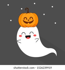 Halloween background with happy flying ghost and pumpkin isolated on night sky background. cute cartoon character vector illustration