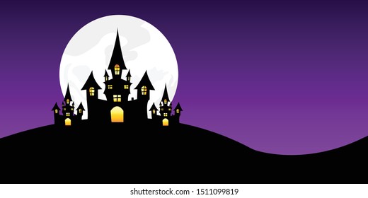 The Halloween background has a castle and moon with a purple sky.