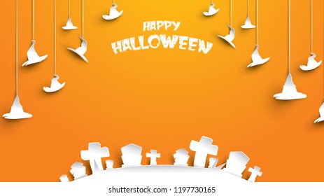 Halloween background with hat and cemetery gravestone in paper art carving style. banner, poster, Flyer or invitation template party. Vector illustration.