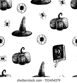 Halloween background. Hat, pumpkin, book, eye. Seamless pattern for Halloween party. Hand drawn. Vector.