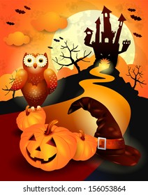 Halloween background with hat, pumpkin and owl. Vector