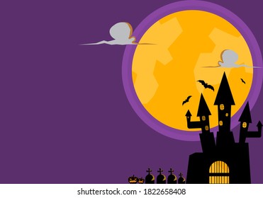Halloween background. Haunted castle among cemeteries on a full moon night. There is a copy space for Insert letters. vector illustration.