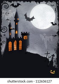 Halloween background with haunted castle, bats, ghosts, full moon and grunge elements