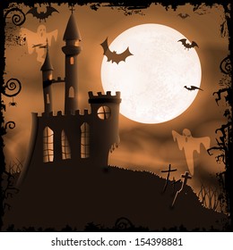 Halloween-Hintergrund mit sputiertem Schloss, Fledermäusen, Geistern, Vollmond und Grunge-Elementen