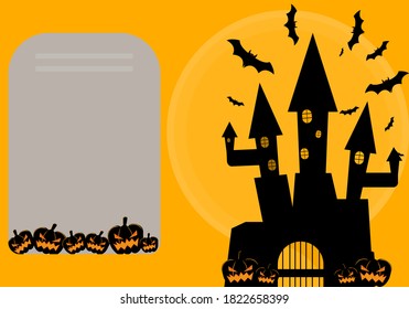 Halloween background. Haunted castle with bats flying on full moon night. Halloween greeting. And with copy space. vector illustration.