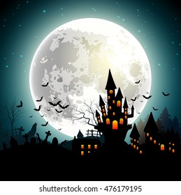 Halloween background with haunted castle, bats on full moon. Vector illustration