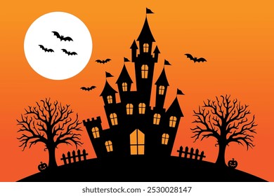 Halloween background, with haunted castle, in black and orange tones