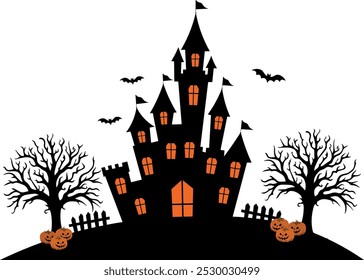 Halloween background, with haunted castle, in black and orange tones