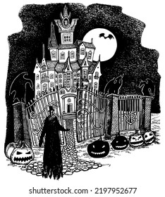 Halloween background with haunted castle, dracula, pumpkins, full moon.